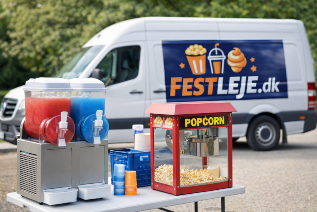Levering af festudstyr i Hvidovre og på Sjælland – slush-ice maskiner, popcornmaskiner, candyfloss og Soundboks leveret direkte til festen