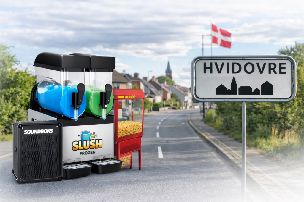 Leje af festudstyr i Hvidovre – slush ice maskine, popcornmaskine, candyfloss og Soundboks klar til afhentning eller levering