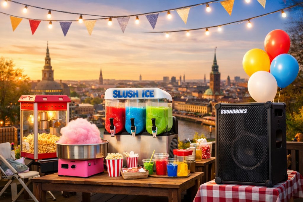 Lej festudstyr lokalt med slush ice maskine, popcornmaskine, candyfloss og Soundboks – afhent i Hvidovre eller få leveret