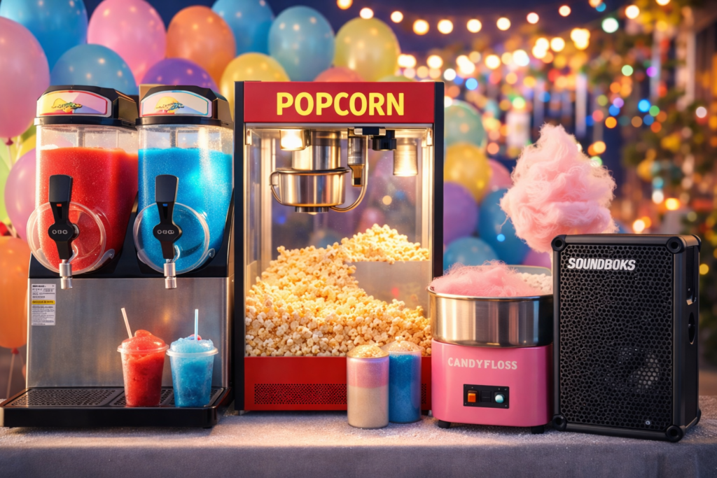 Festudstyr leje – slush ice maskine, popcornmaskine, candyflossmaskine og Soundboks til fest og events