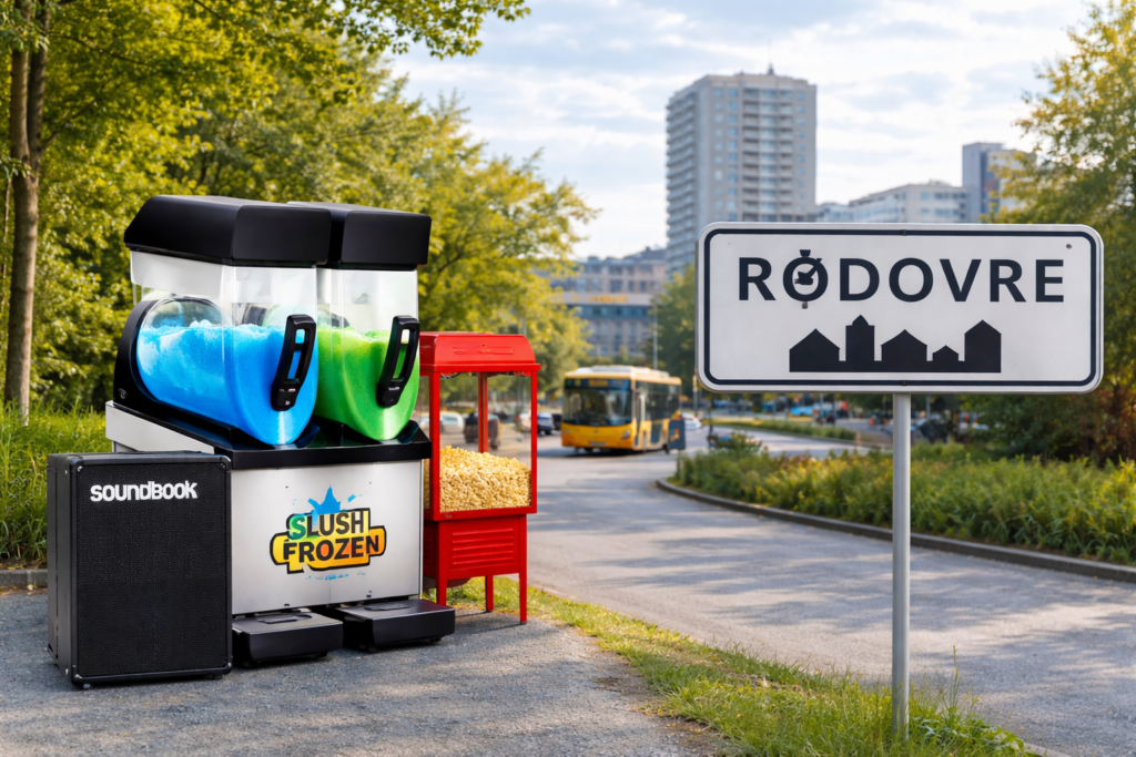Lej festudstyr i Rødovre – slush ice maskine, popcornmaskine, candyfloss og Soundboks opsat til fest og arrangement.