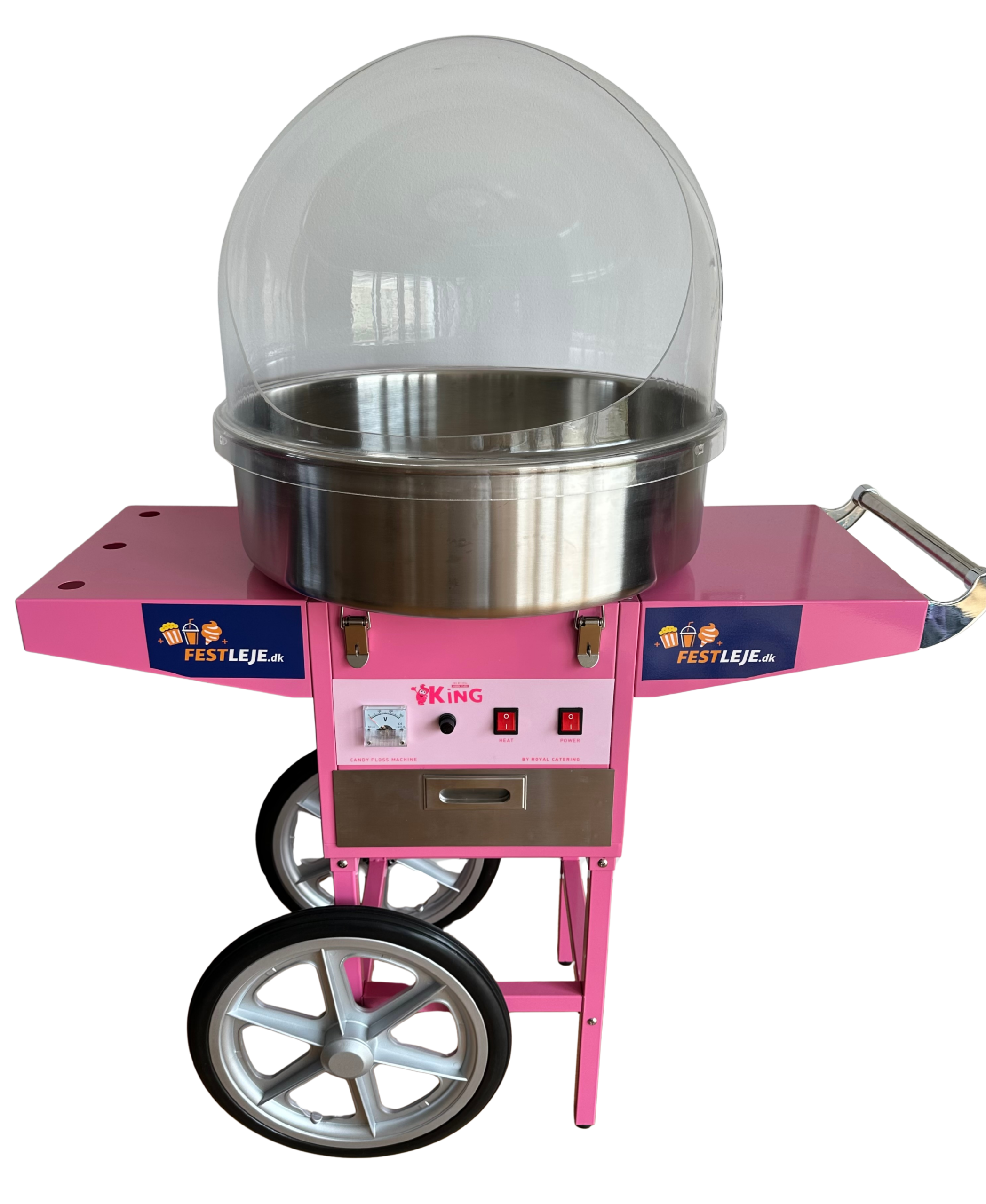Candyfloss maskine leje – professionel pink candyfloss maskine på vogn til fest og events