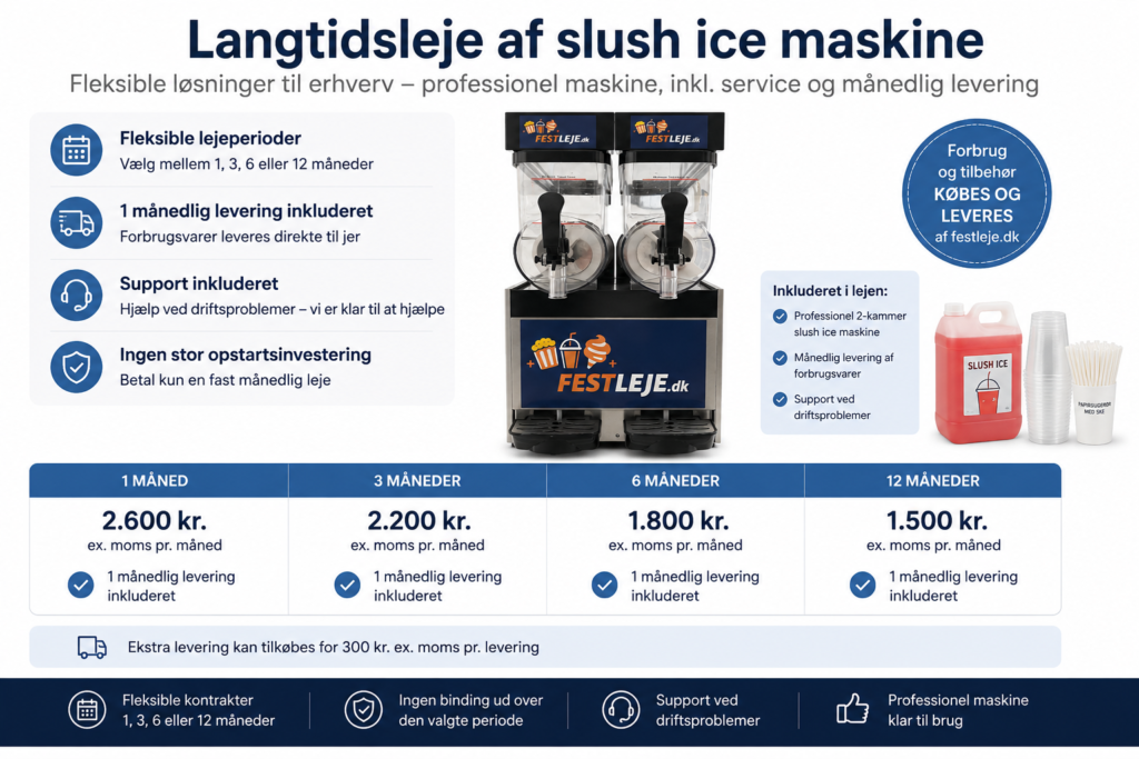 Langtidsleje af slush ice maskine til erhverv med fleksible kontrakter og månedlig levering af forbrugsvarer