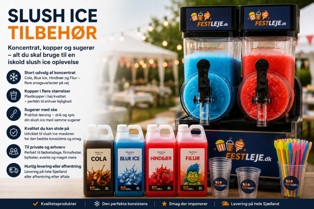 Slush ice tilbehør med 2 liters slush ice-koncentrat i smagene Cola, Blue Ice, Hindbær og Filur samt plastkopper, sugerør med ske og professionel slush ice-maskine fra Festleje.dk.