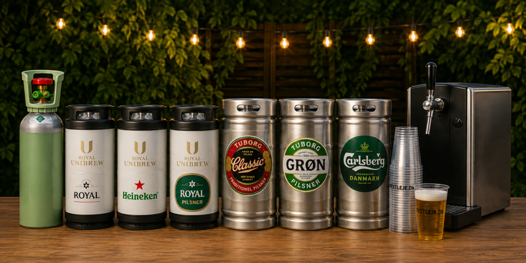 Køb fustager med Tuborg, Carlsberg, Royal og Heineken samt kulsyre, plastkopper og tilbehør til fadølsanlæg hos Festleje.dk